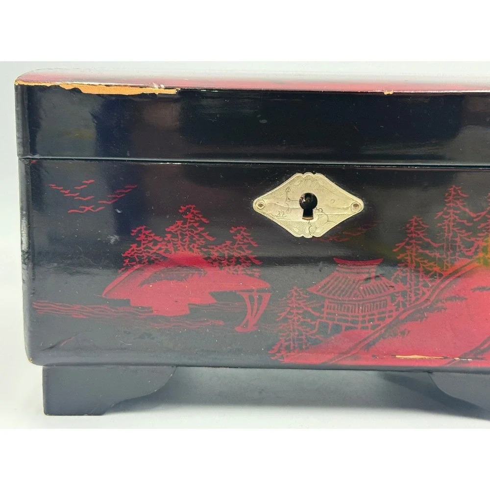 Vintage Japanese Black Red Lacquer Jewelry‎ & Music Box Mount Fuji Pagoda Footed